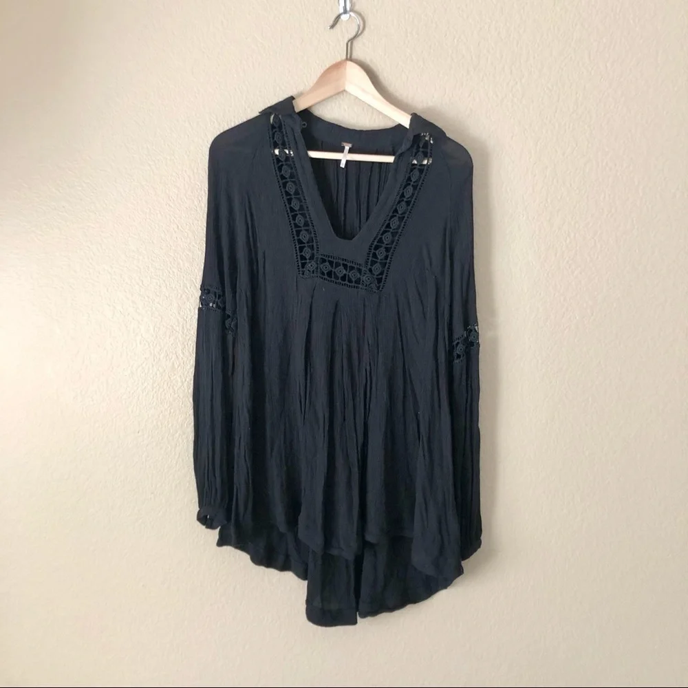 FREE PEOPLE Black lace inset gauze Tunic Dress